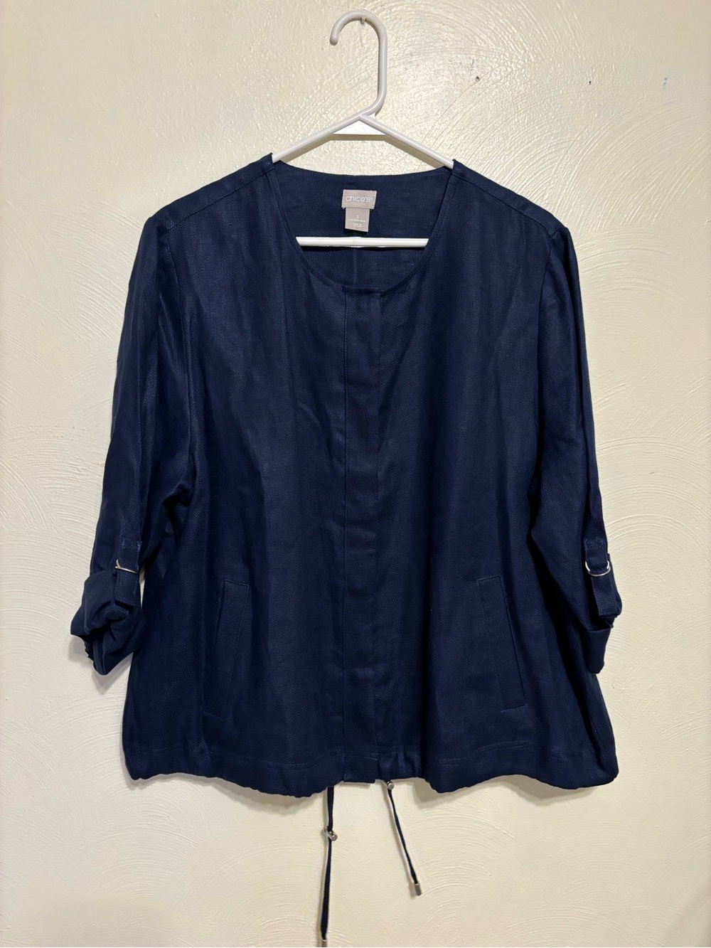 Chicos 3 Navy Blue 100% Linen Open Front Jacket Roll Tab Sleeve XL